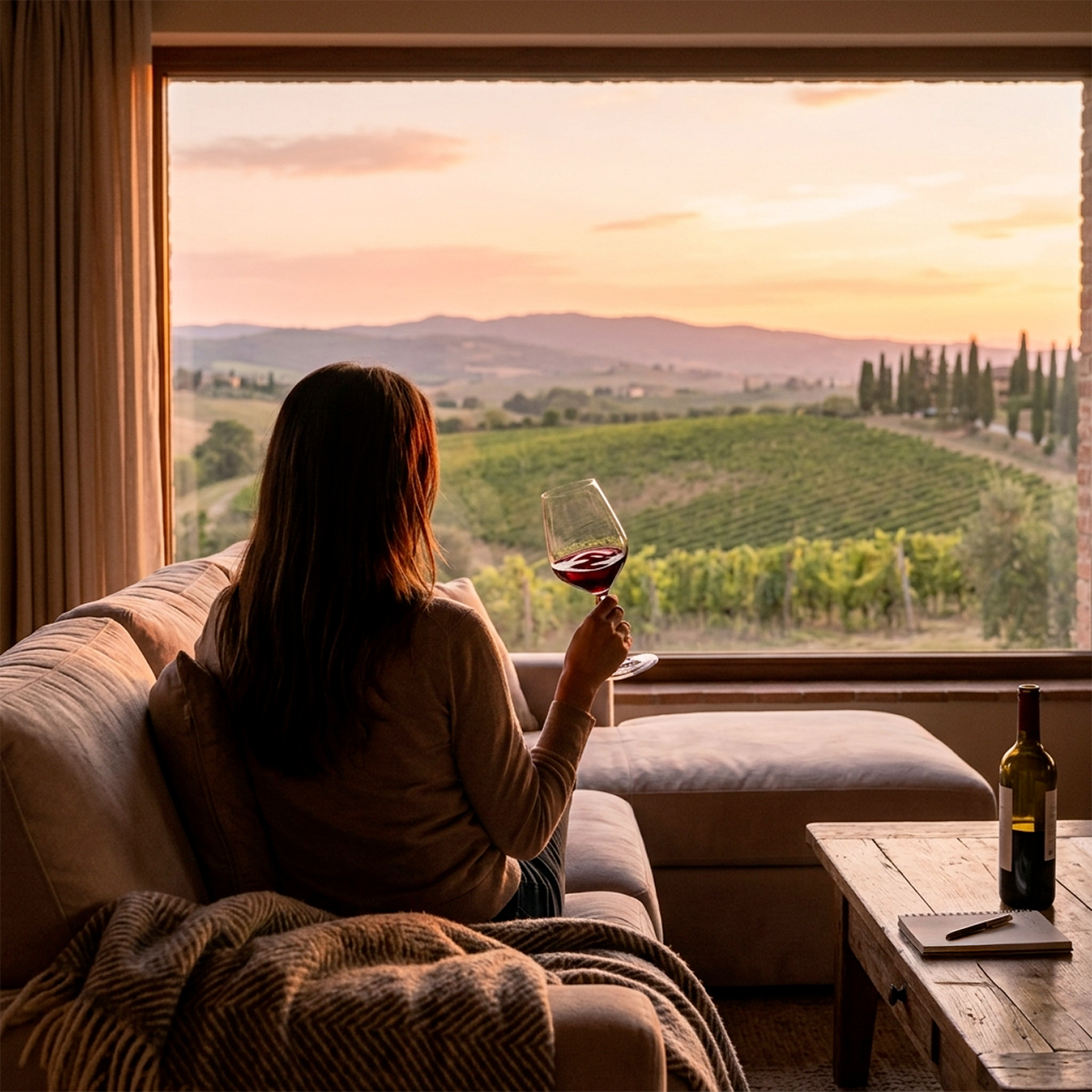 Una persona si gode un calice di vino artigianale a domicilio guardando un panorama di vigne al tramonto